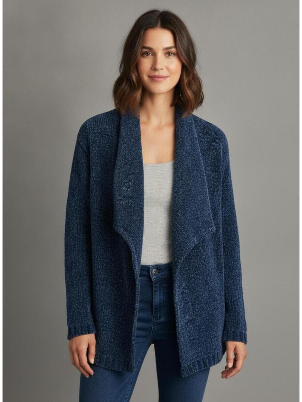 Karen Kane Boho Chic Navy Blue Drape Front Knit Cardigan Sz XL Open Front Cozy